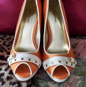 Orange and white 3.5 inch peep toe Heels